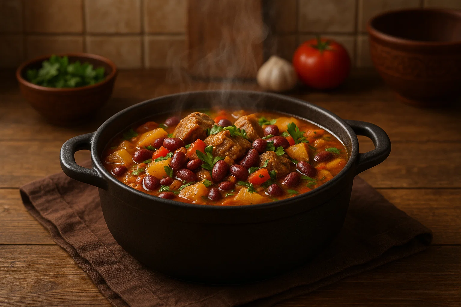 Чанахі з м’ясом і квасолею в каструлі - ароматна грузинська страва 1 Грузинський чанахі з м’ясом і квасолею, приготований у каструлі