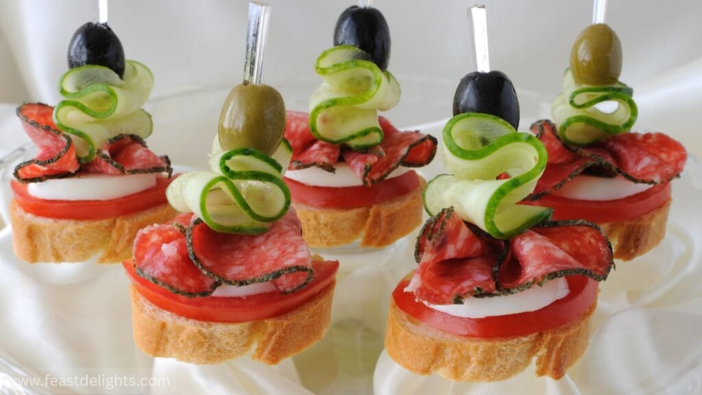 Holiday Canapés with Cheese, Salami and Vegetables