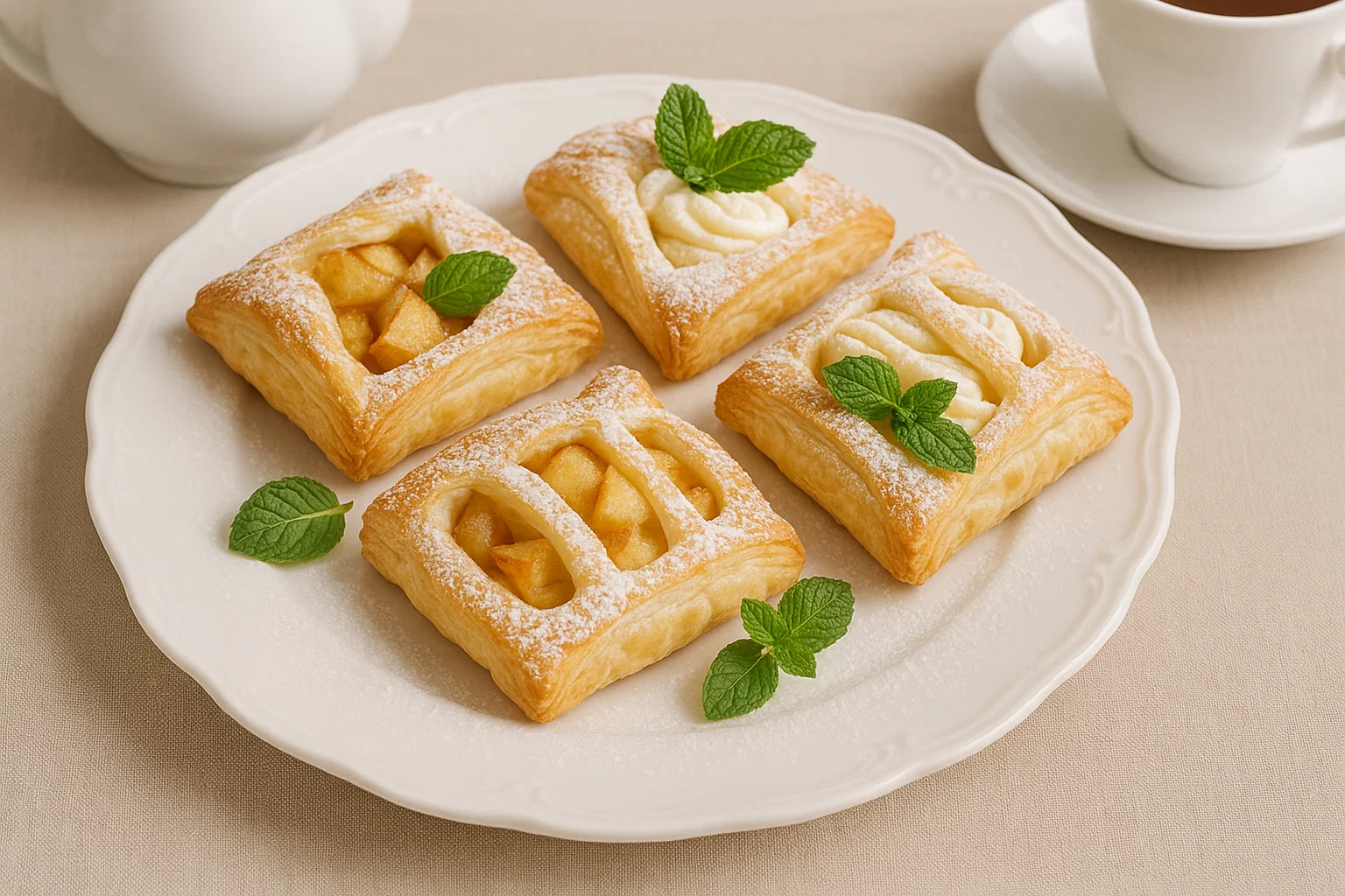 Найкращі заморожене листкове тісто рецепти для швидкої домашньої випічки 3 Десерти з листкового тіста з яблуками та кремом на тарілці