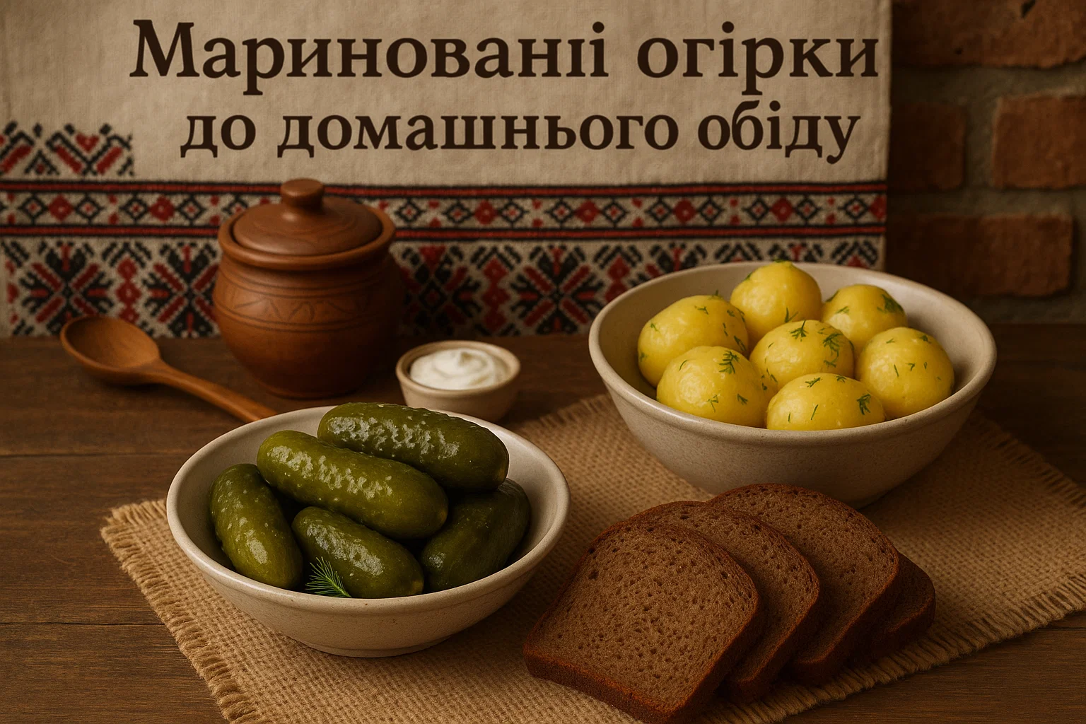 Рецепт маринованих огірків на літрову банку — хрусткі, як у бабусі 3 Мариновані огірки подані до картоплі та чорного хліба