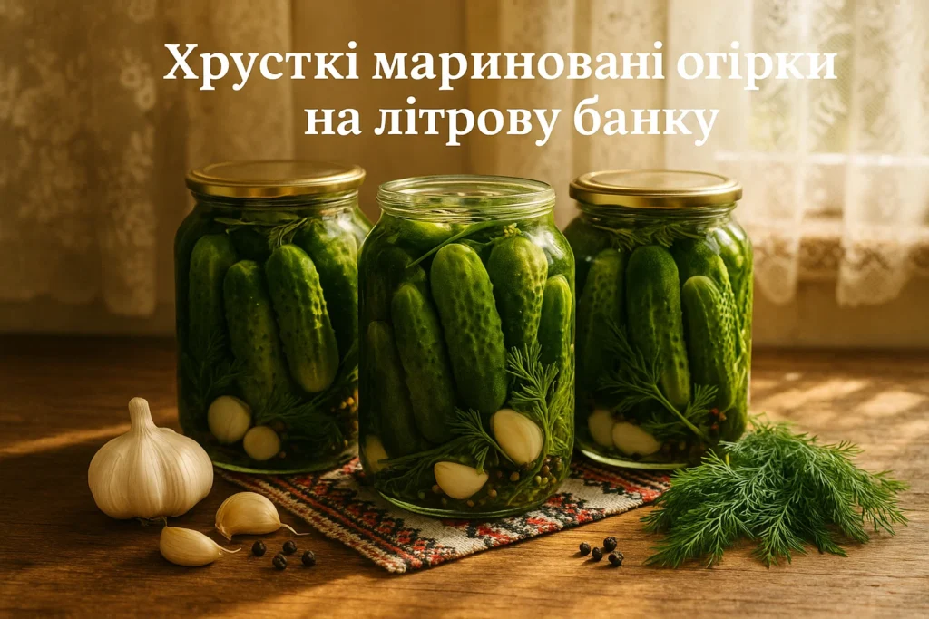 Банки з маринованими огірками, часником і зеленню на українському столі