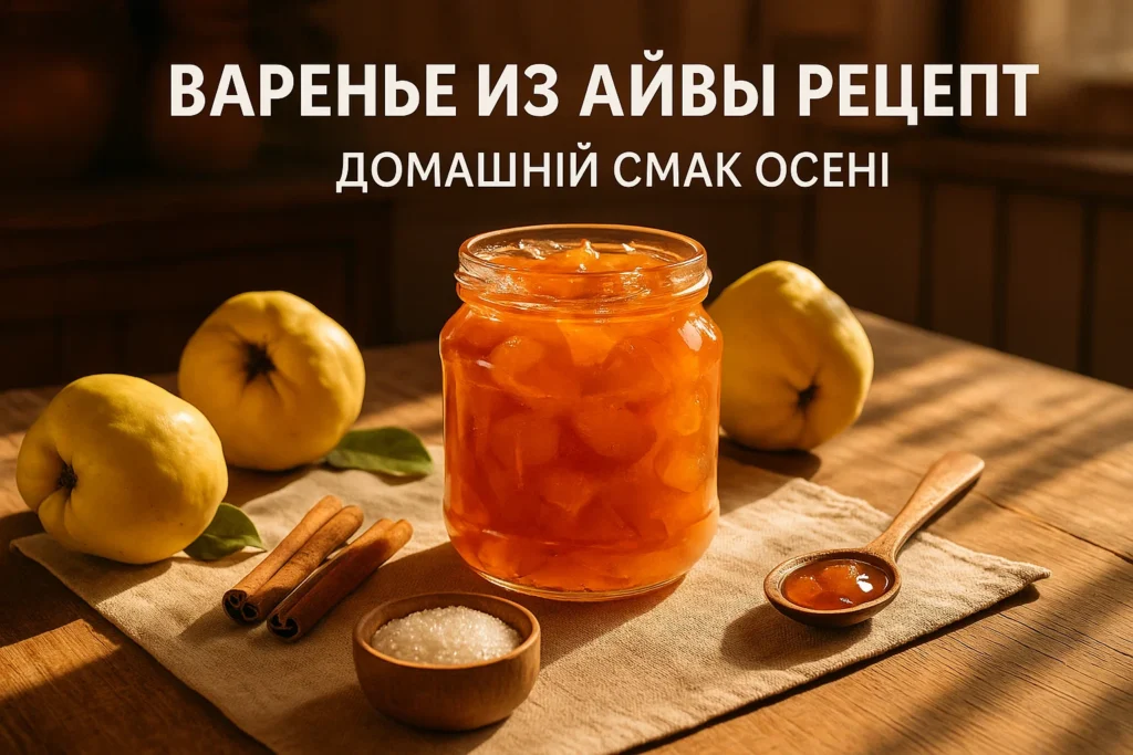 Домашнє варення з айви в банці поруч зі свіжими плодами айви