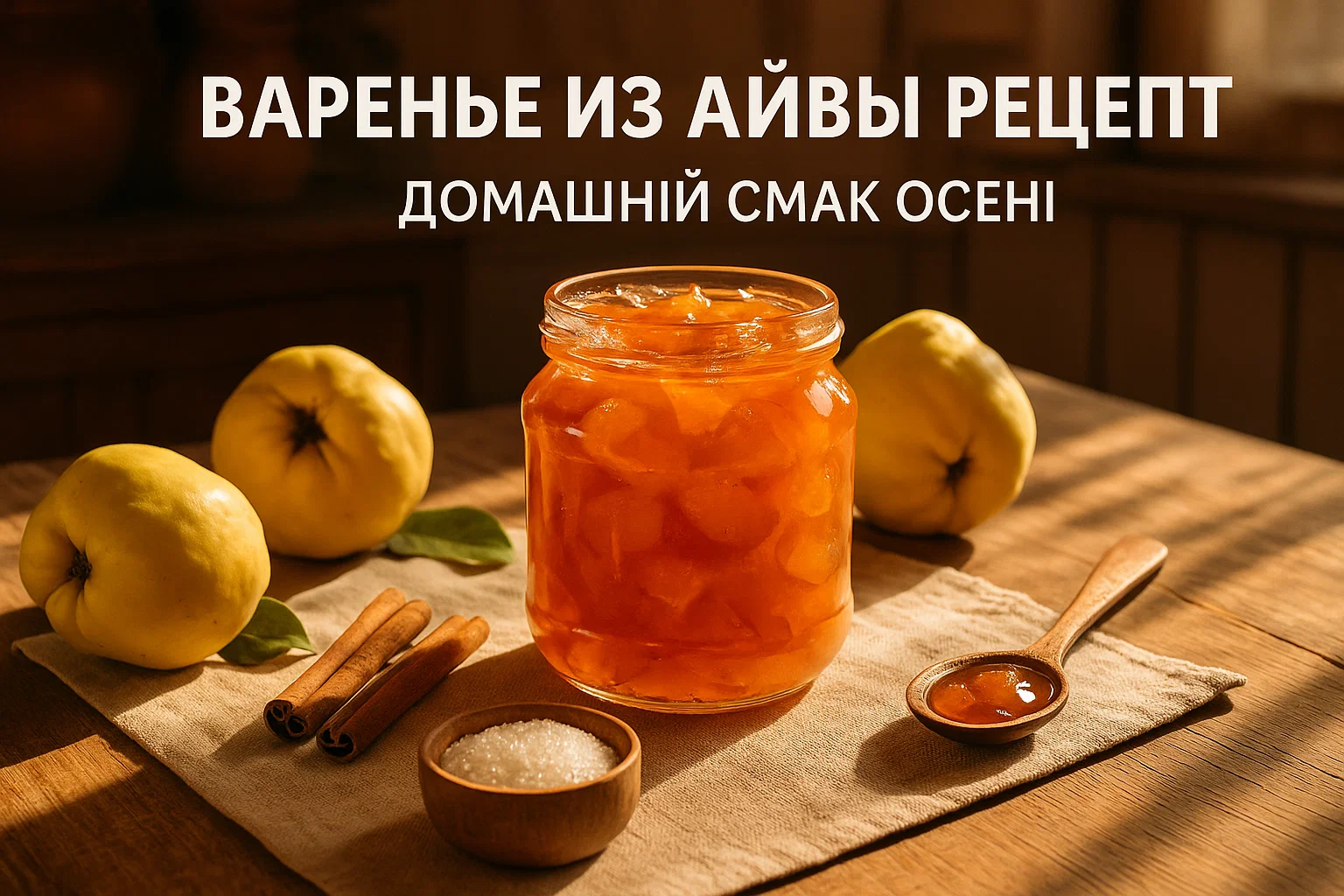 Домашнє варення з айви в банці поруч зі свіжими плодами айви