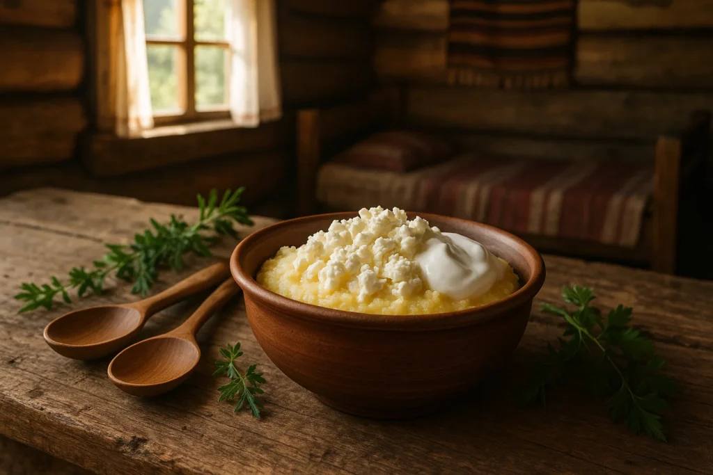 Банош у глиняній мисці з бринзою та сметаною