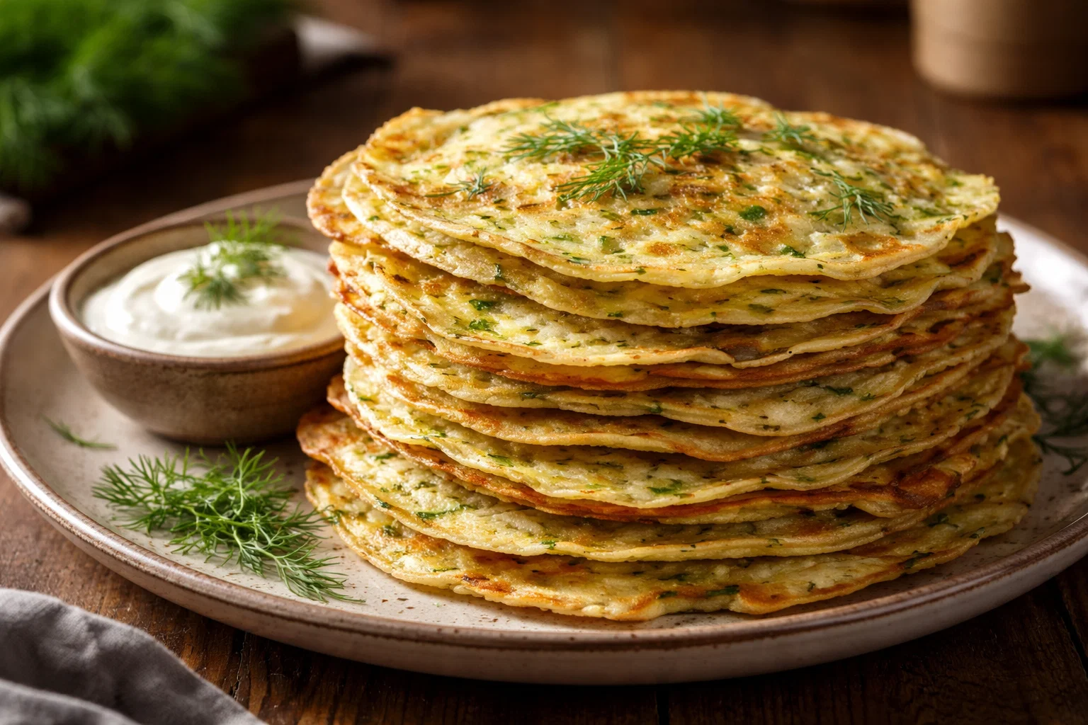 Ніжні золотисті блінчики з кабачків на тарілці зі сметаною 