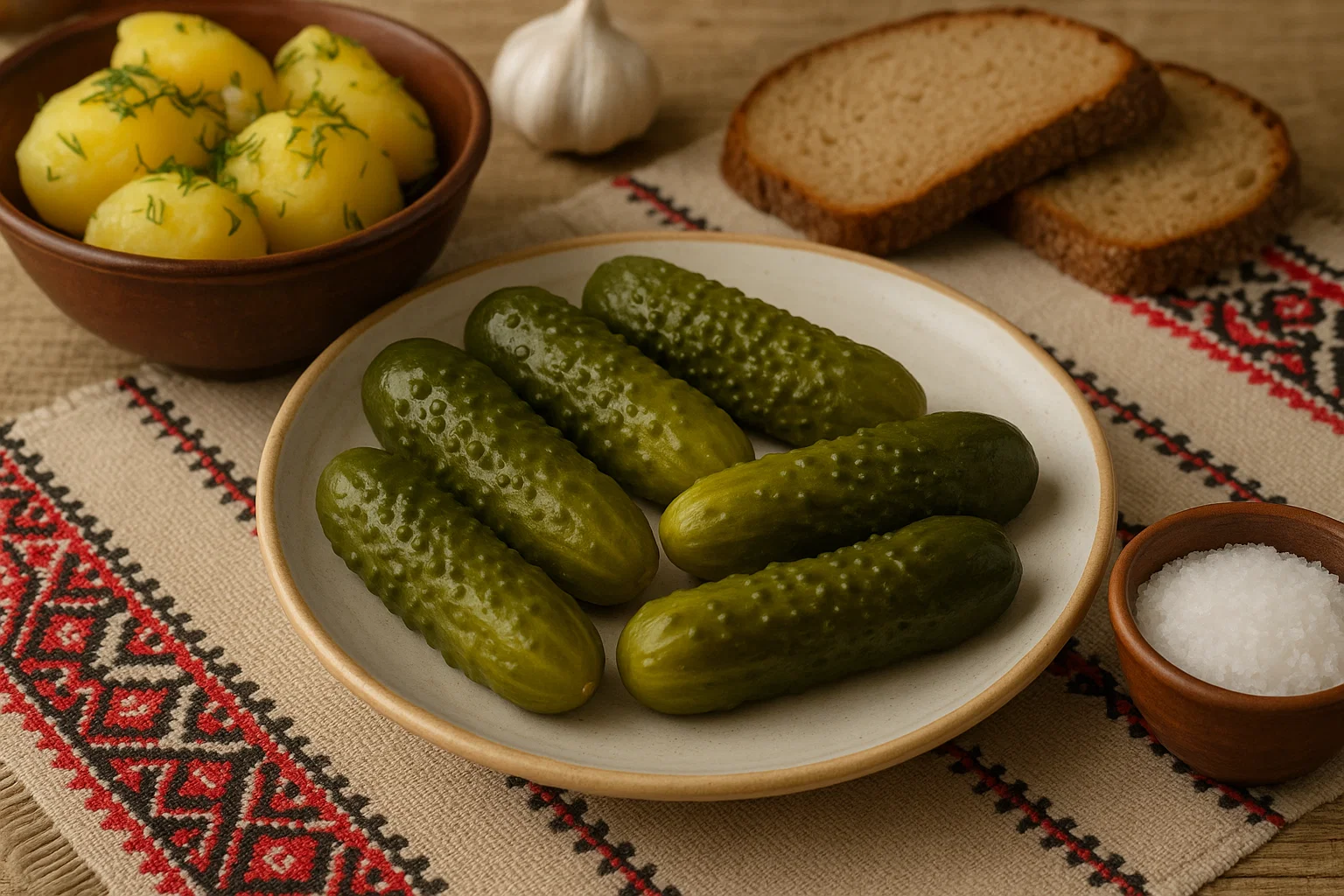 Подані на стіл домашні мариновані огірки