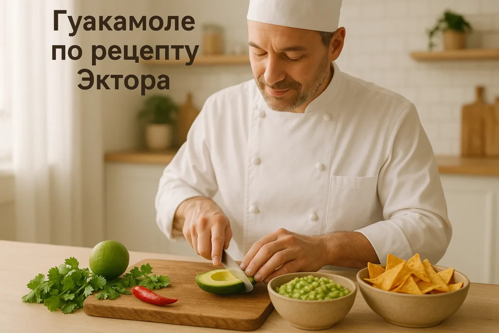 Повар готовит гуакамоле из авокадо с лаймом и кинзой