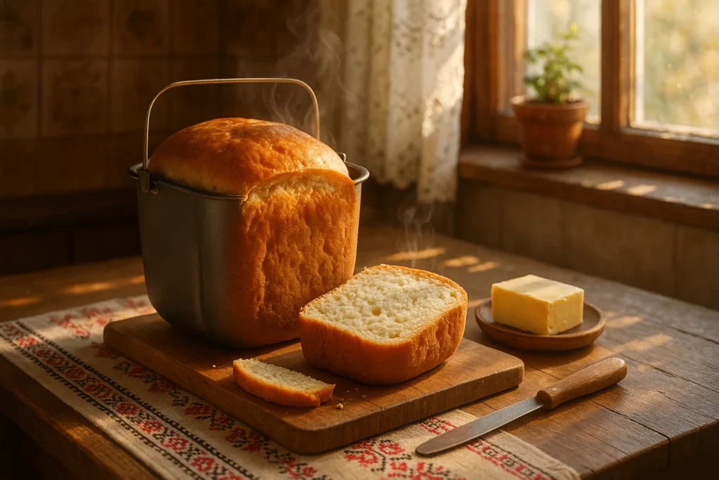 Свіжоспечений домашній хліб у хлібопічці на дерев’яній дошці