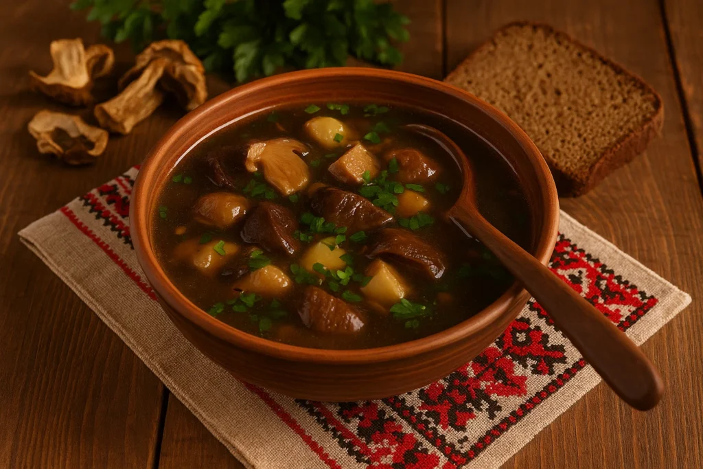 Домашня грибна юшка з білих грибів у глиняній мисці