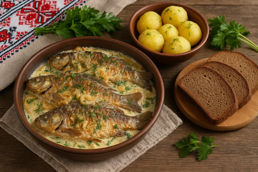 Домашні карасі в сметані з цибулею та зеленню на українському столі