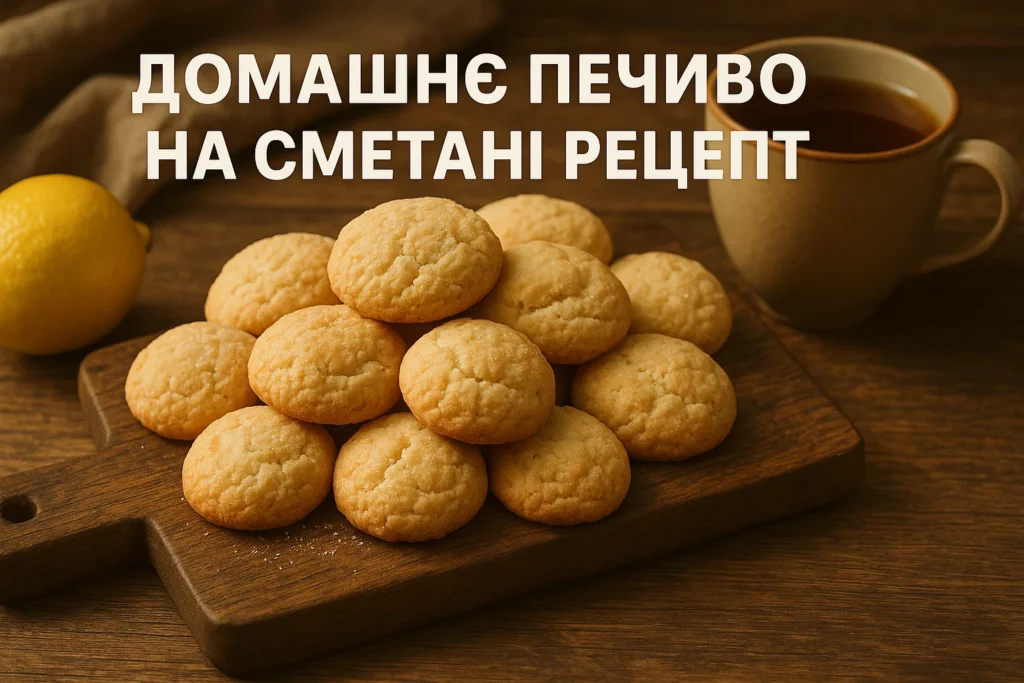 Домашнє печиво на сметані на дерев’яній дошці поруч із чашкою чаю
