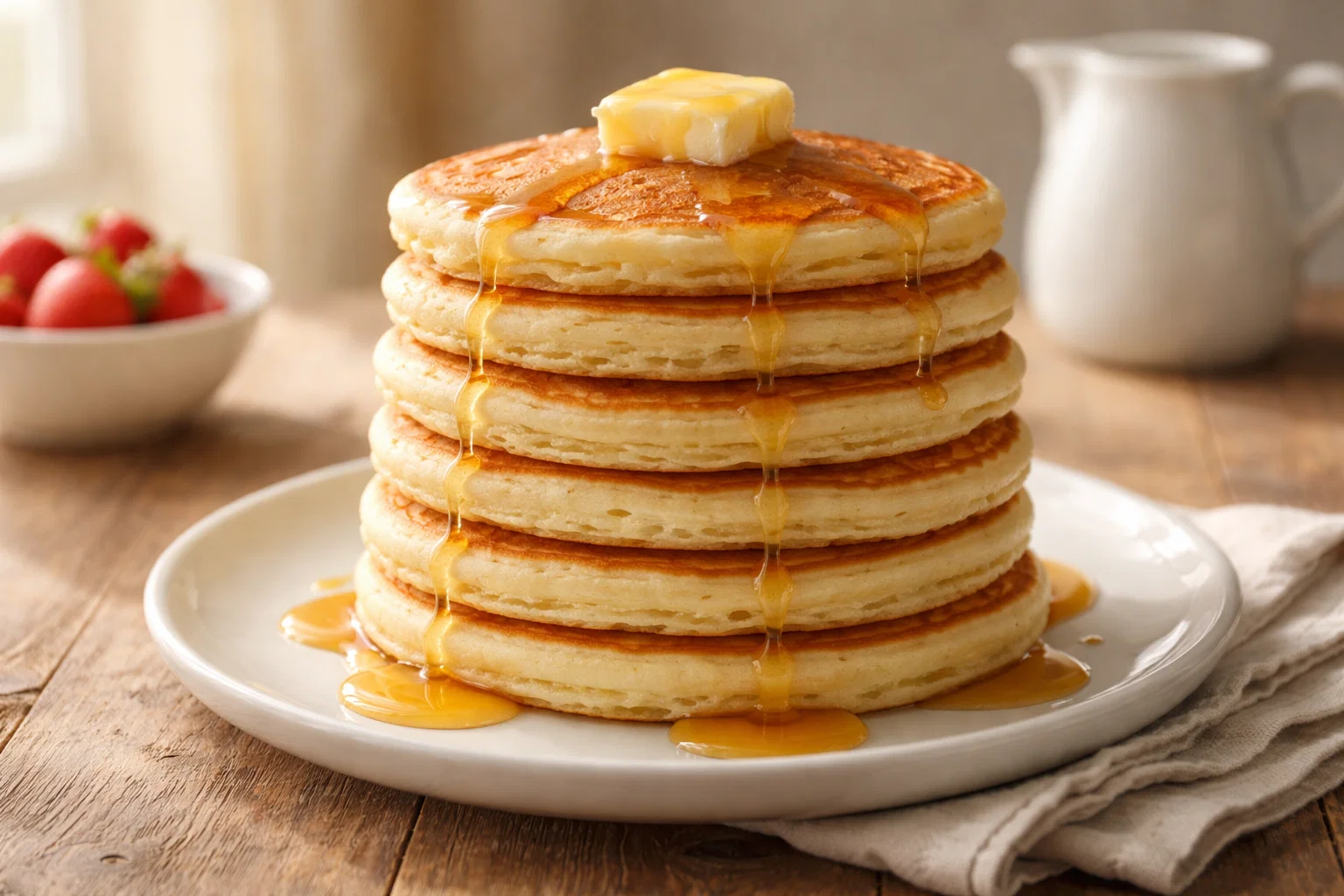 Пишні панкейки рецепт на тарілці з маслом та медом