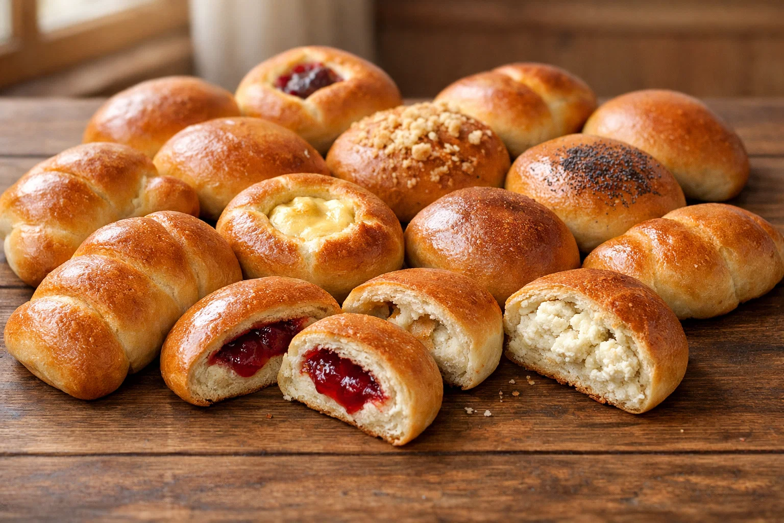 Різні домашні булочки з начинкою на столі