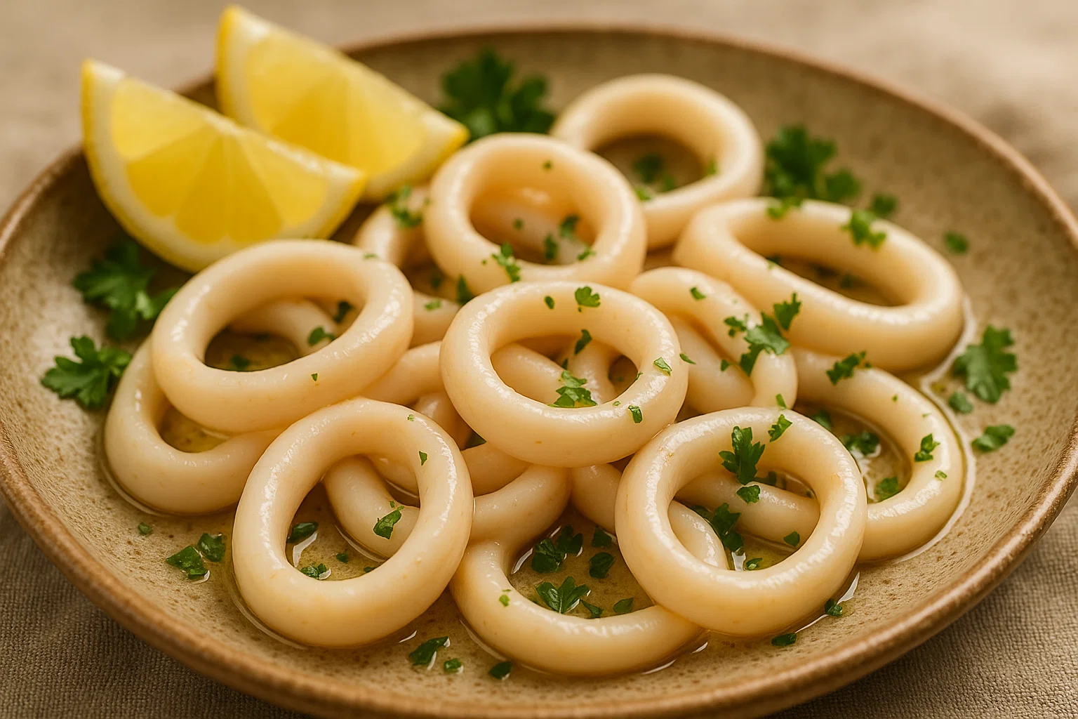 Рецепт кальмаров ніжних і соковитих 1 ніжні кальмари на тарілці з лимоном і зеленню