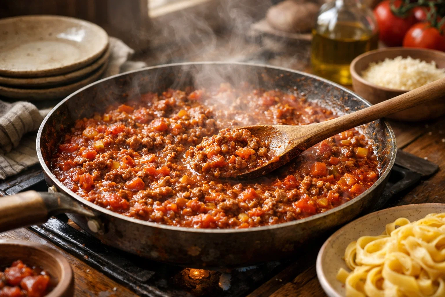 Соус болоньєзе з м’ясом і томатами на сковороді