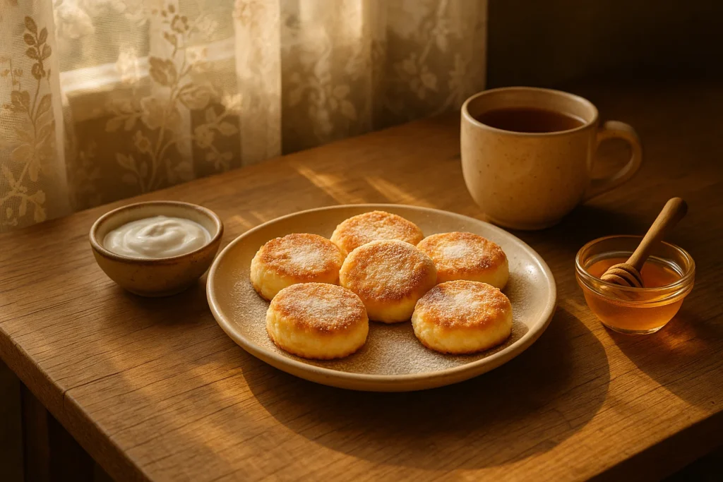 Домашні сирники з мукою на тарілці з медом і сметаною