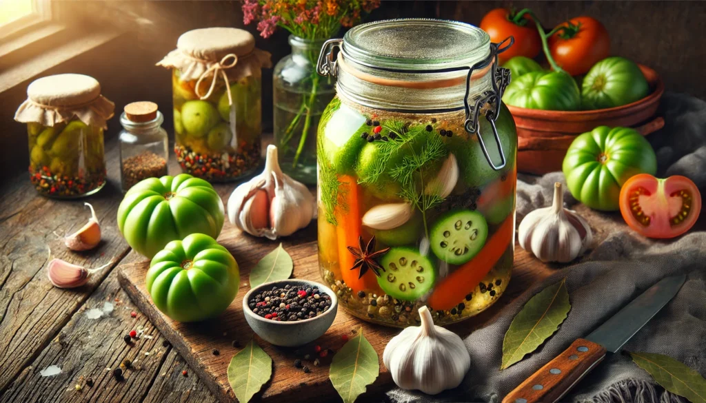 Refrigerator Pickled Green Tomatoes with Carrot