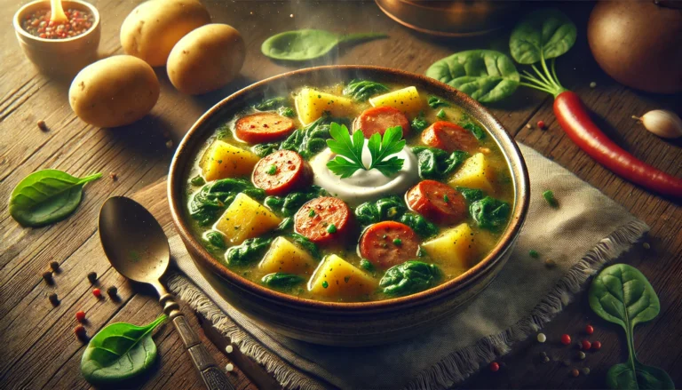 image of sausage potato and spinach soup