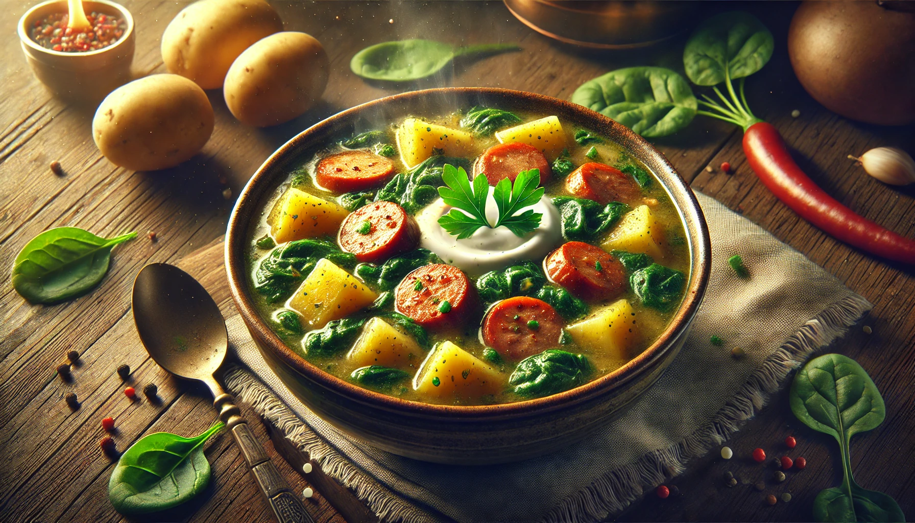 Рецепт Супу з Ковбасою Картоплею та Шпинатом: Смачний та Легкий Спосіб Приготування 1 Рецепт Супу з Ковбасою Картоплею та Шпинатом