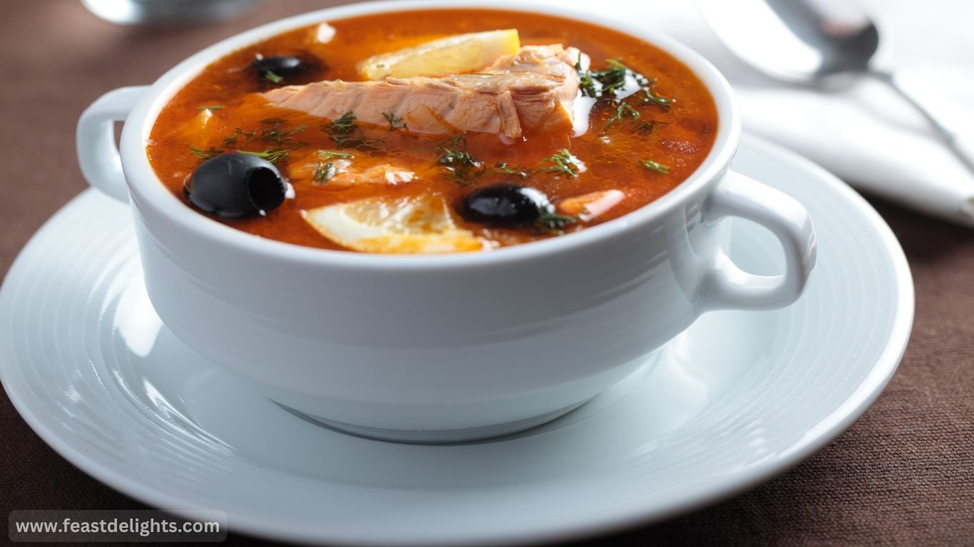 Sausage Solyanka Soup with Pickles and Olives