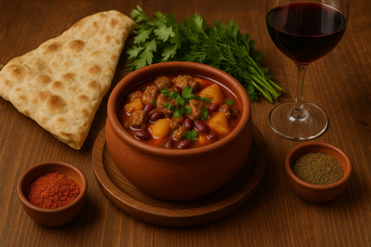 Чанахі з м’ясом і квасолею в каструлі - ароматна грузинська страва 3 Грузинська страва чанахі з м’ясом і квасолею на столі