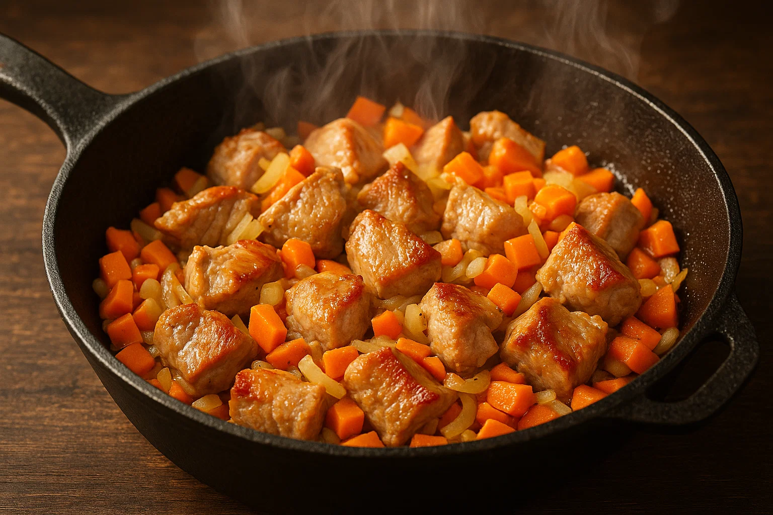 Свинина обсмажується з овочами на сковороді для жаркого