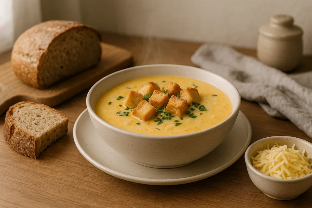 Тарілка домашнього сирного супу з плавленим сиром і зеленню