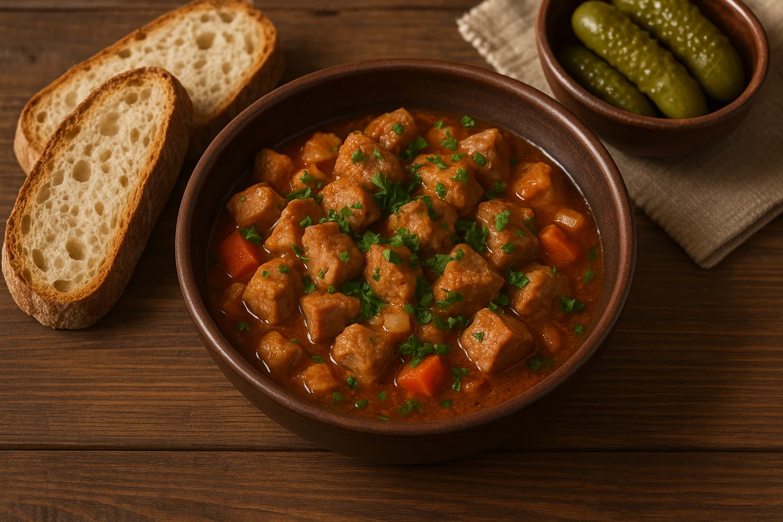 Порція жаркого із свинини без картоплі з зеленню та хлібом