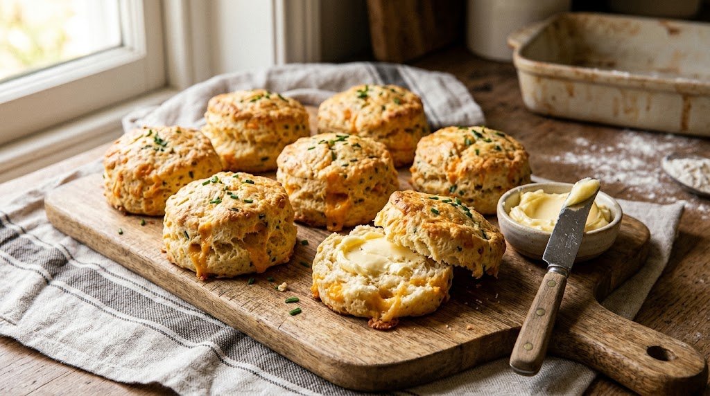 Freshly baked golden cheese scones arranged on a rustic wooden board with melting butter and chives.