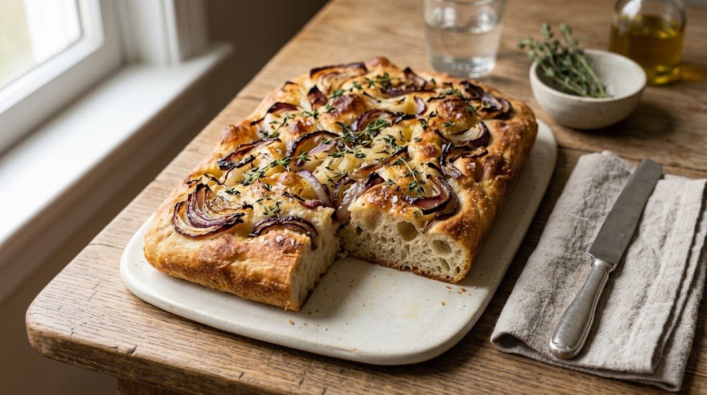 Finished Onion Focaccia, presented as the featured image for the recipe.