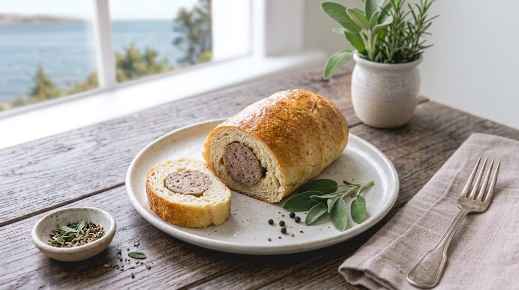 Freshly prepared homemade Sausage in Dough Recipe for Yeast Dough served on a rustic plate ready to enjoy.