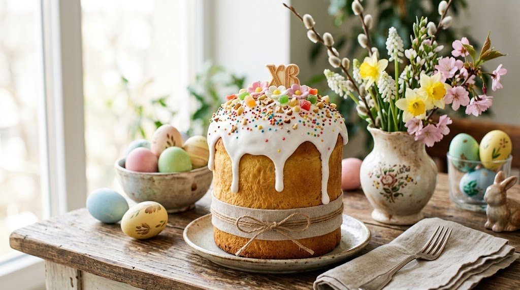 Freshly baked traditional Easter Kulich cake with white sugar glaze dripping down, festive sprinkles, colored Easter eggs, and spring flowers on a rustic table
