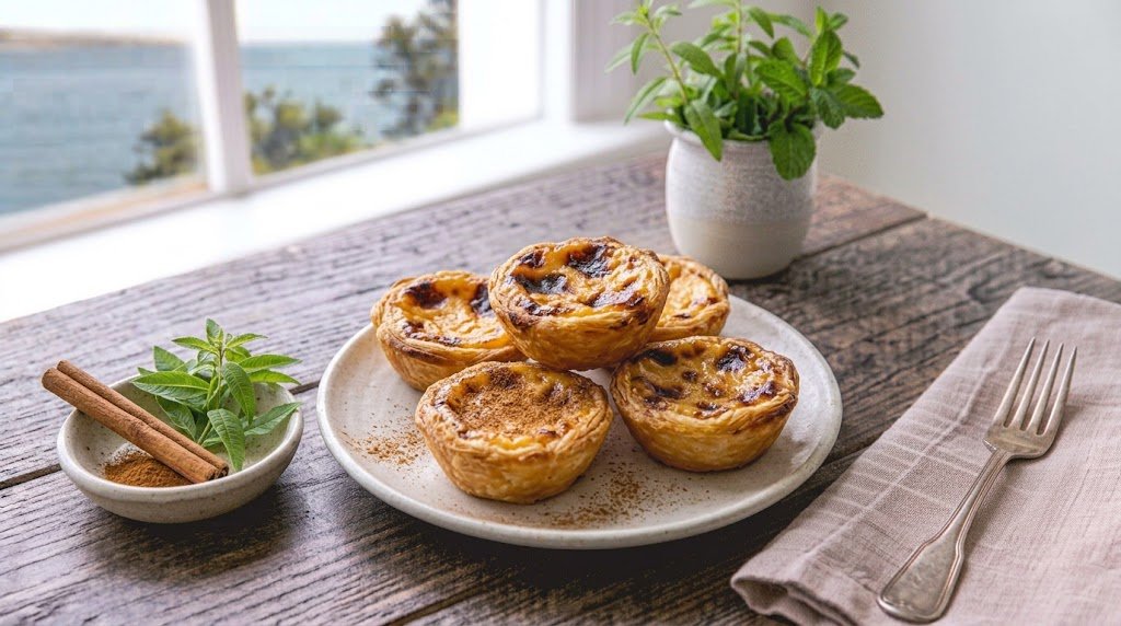 Freshly prepared homemade Pastel De Nata served on a rustic plate ready to enjoy.