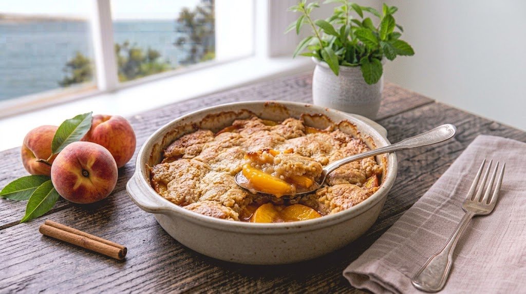Freshly prepared homemade Peach Cobbler served on a rustic plate ready to enjoy.