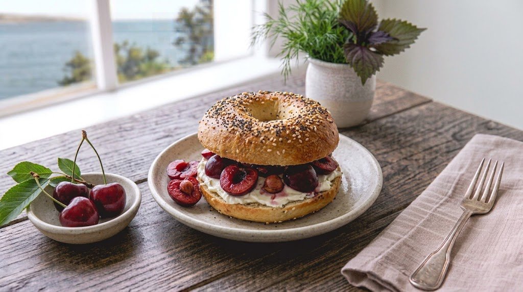 Freshly prepared homemade Bagels with Cherries served on a rustic plate ready to enjoy.