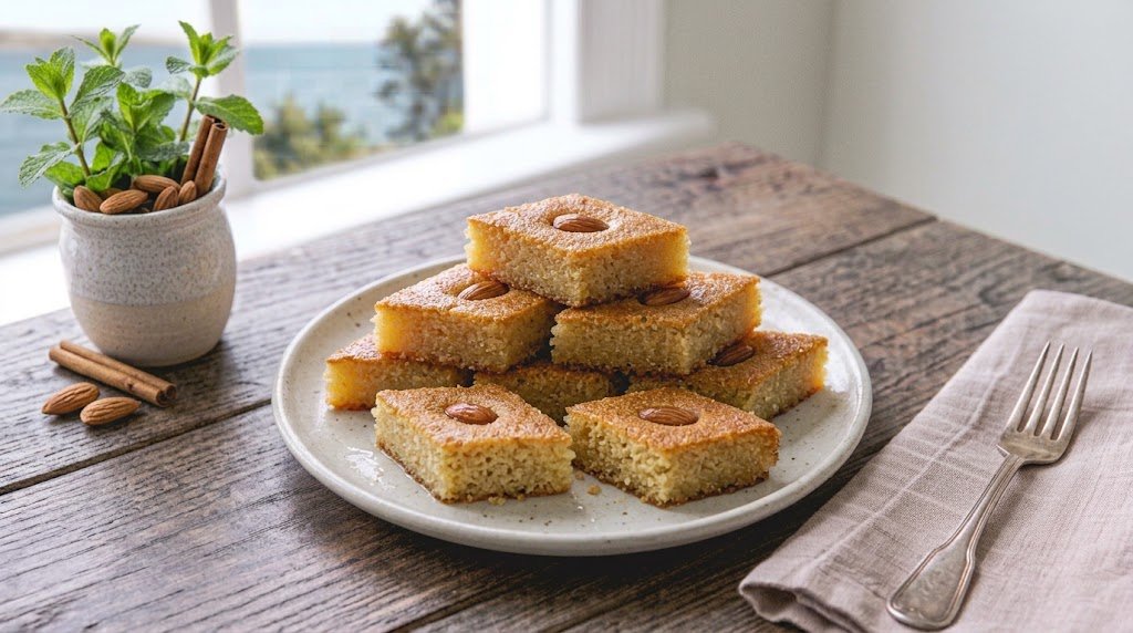 Freshly prepared homemade Basbousa Semolina Cake for Eid served on a rustic plate ready to enjoy.