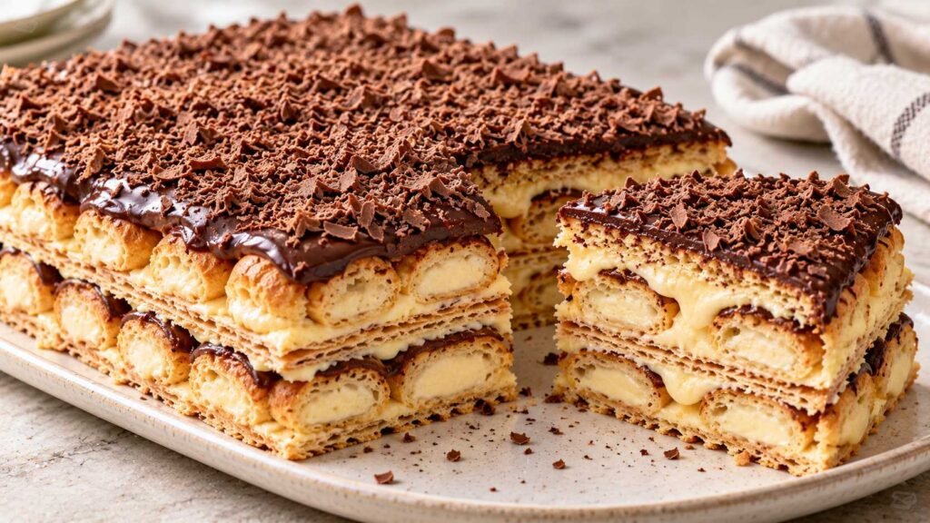 Chocolate eclair cake with vanilla cream filling, layered pastry and chocolate topping