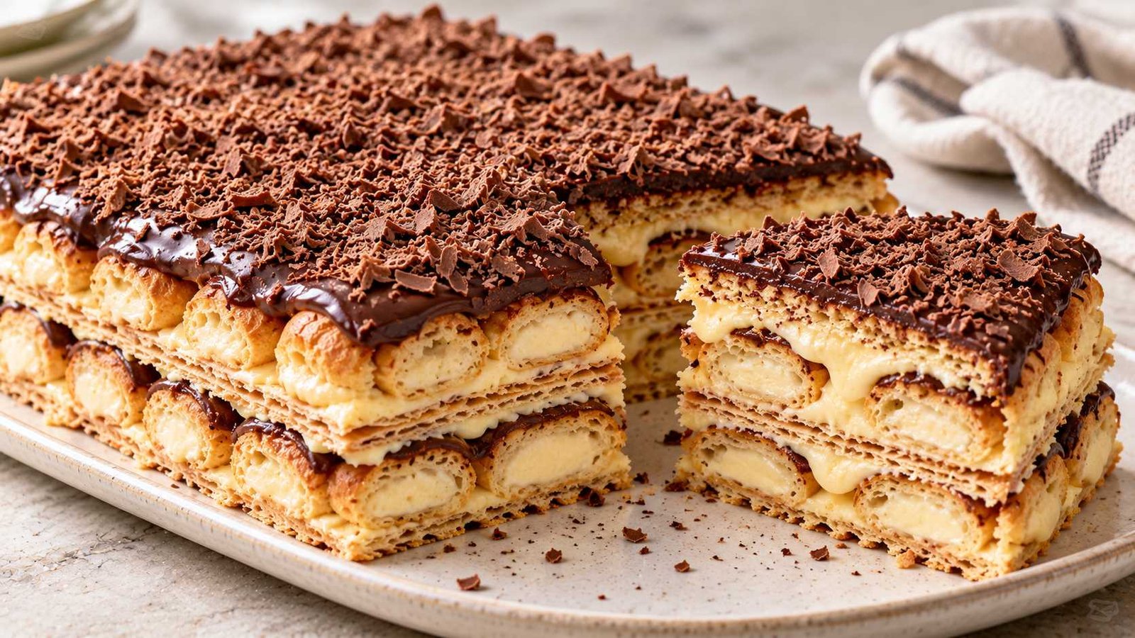 Chocolate Éclair Layer Cake with Custard and Wafers