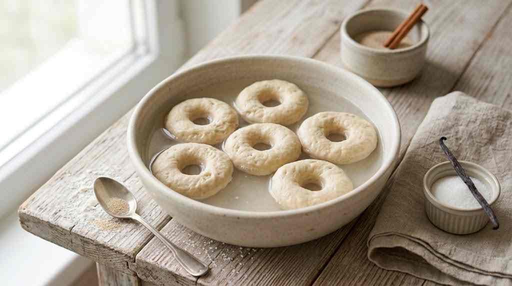Freshly prepared homemade Dough for Donuts on Water served on a rustic plate ready to enjoy.