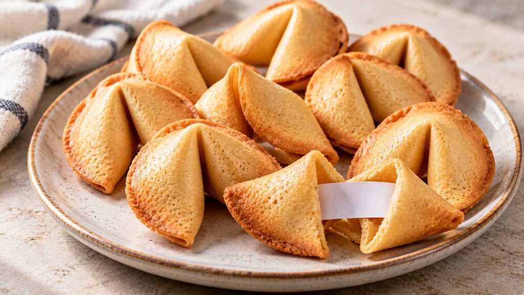 Homemade fortune cookies with crisp golden shells and paper predictions inside