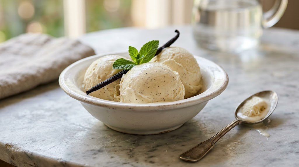 Three scoops of rich homemade custard-based vanilla ice cream with flecks of vanilla bean in a ceramic bowl, garnished with a vanilla pod and mint.