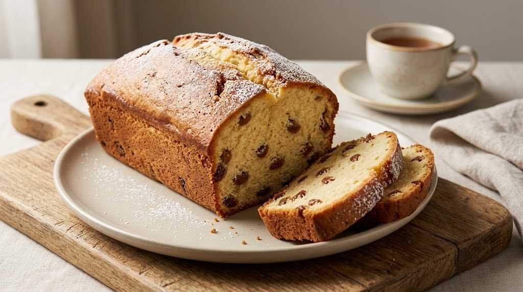 Golden homemade raisin loaf cake dusted with powdered sugar, with sliced pieces showing a soft crumb filled with raisins.
