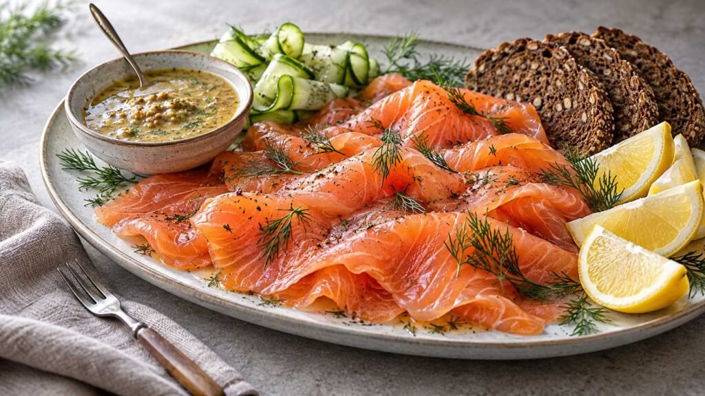 Ready-made gravlax with mustard-honey sauce, dill, lemon, rye bread and cucumber