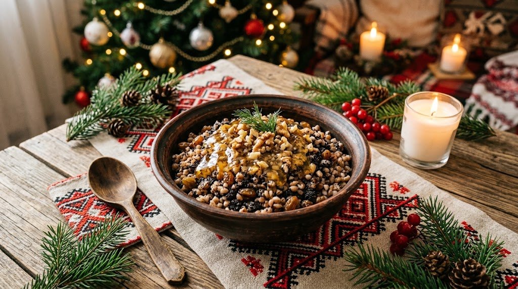 A rustic clay bowl filled with traditional Ukrainian Christmas Kutia topped with chopped walnuts and honey drizzle, set on an embroidered rushnyk table runner with candles and pine branches.