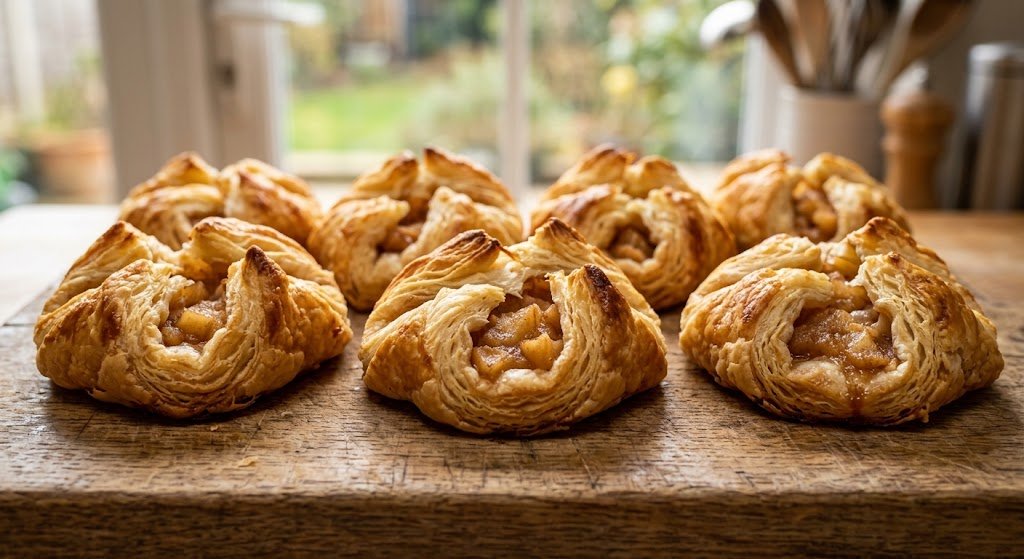Flaky apple-filled pastry puffs baked until golden