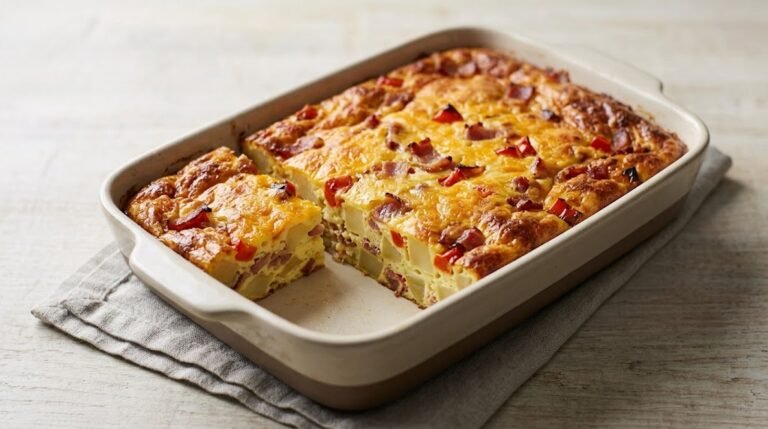 image of bacon and potato breakfast casserole with golden cheddar
