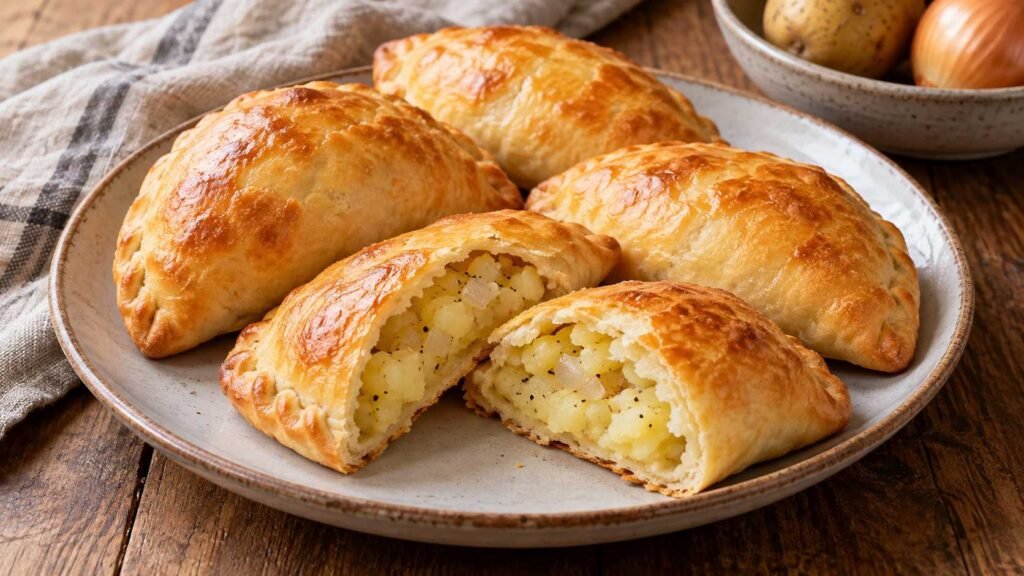 Golden baked placinte cut open to reveal mashed potato onion filling