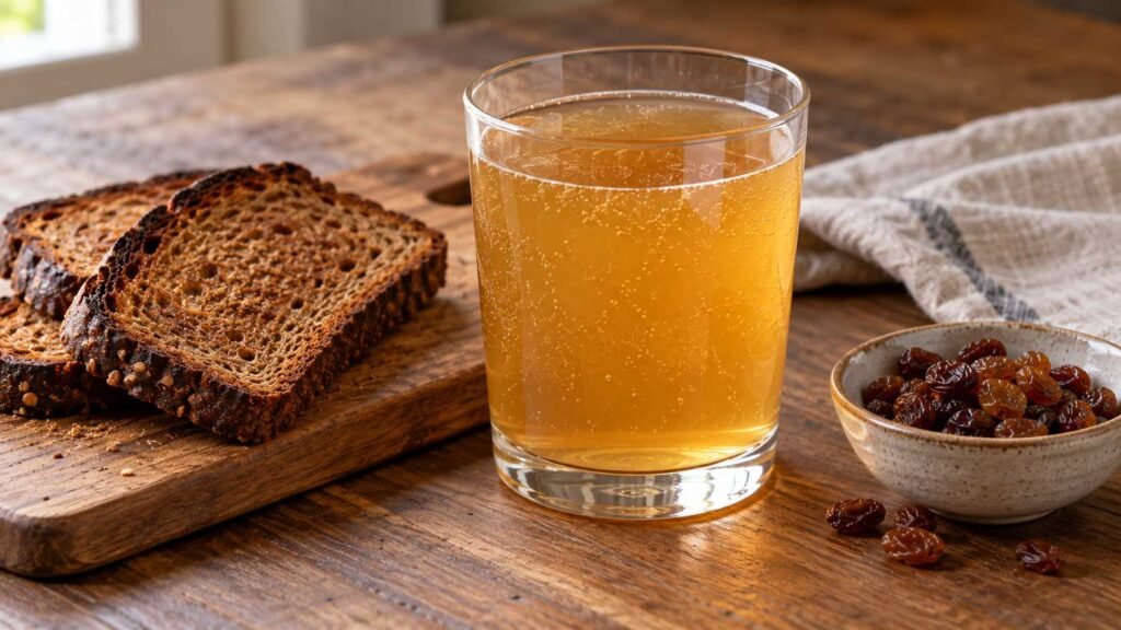 Pale amber birch sap kvass with fine bubbles in a glass