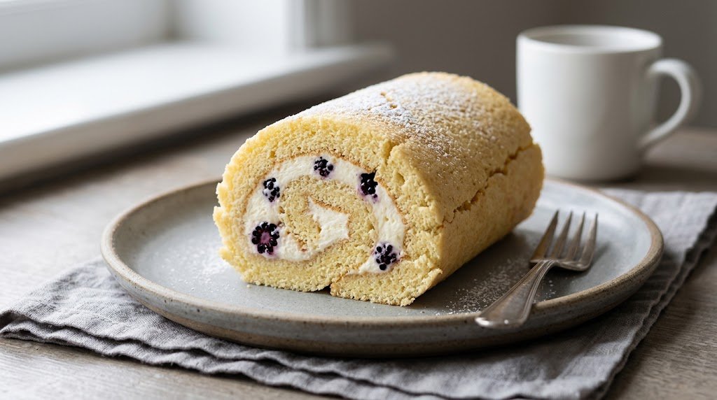 Blackberry Lemon Cake Roll with Whipped Cream