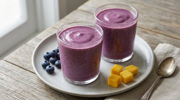 image of blueberry mango smoothie with banana and greek yogurt